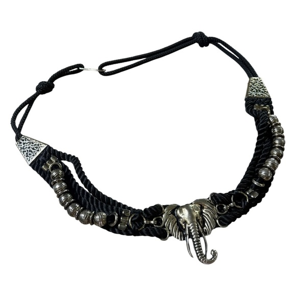 Elephant Statement Rope Belt 38” Length Black Silver Festival Boho - Picture 4 of 8